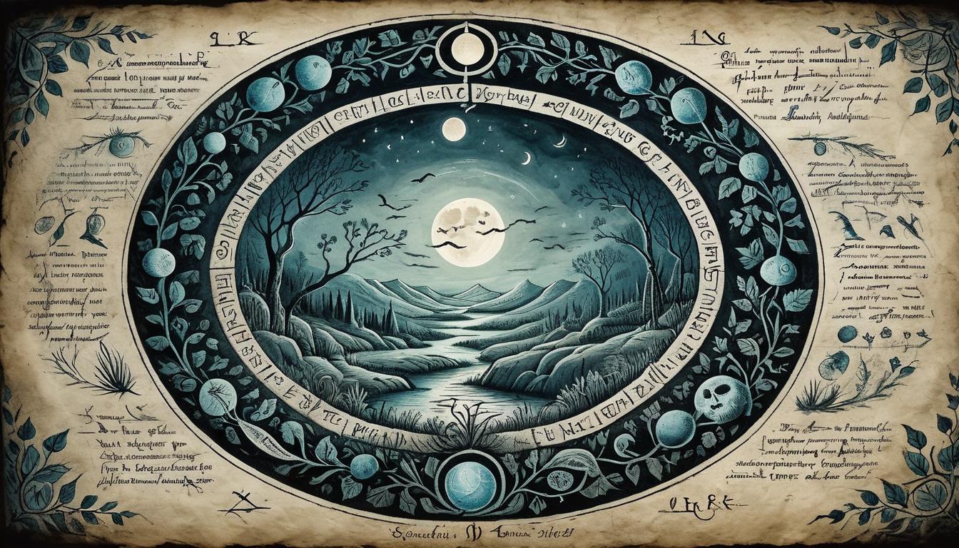  on parchment, surrealism+++, Ancient, runic circle etched into stone, moonlight illuminating the engravings, glowing with an ethereal light, surrounded by creeping dark vines, mysterious, mystical(mysterious, provocative, symbolic,muted color)+++