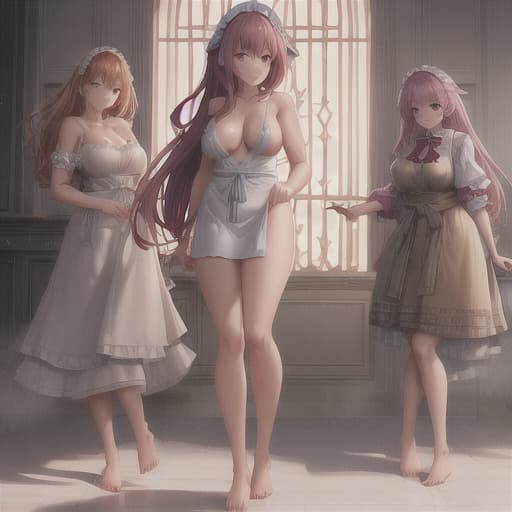  3 girls,solo,naked,looking at viewer,apron,brown hair,indoors,pink hair,bare dirty foot,feet focus,six feet hyperrealistic, full body, detailed clothing, highly detailed, cinematic lighting, stunningly beautiful, intricate, sharp focus, f/1. 8, 85mm, (centered image composition), (professionally color graded), ((bright soft diffused light)), volumetric fog, trending on instagram, trending on tumblr, HDR 4K, 8K