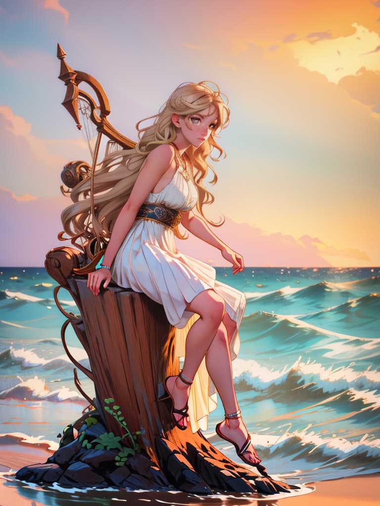  award winning, professional, highly detailed, breathtaking sea nymph lyre stringed harp sitting, rock, ocean spray, ocean storm, driftwood, toga, angelic, sea front view, , , photorealistic, raw photo, (1girl, looking at viewer), long hair, blond, oasis, sandals, eyeshadow, crab, fins, translucent white armor, intricate dress, delicate wood filigree, intricate filigree, pearl metalic parts, detailed part, dynamic pose, detailed background, dynamic lighting,(textured skin:1.3)