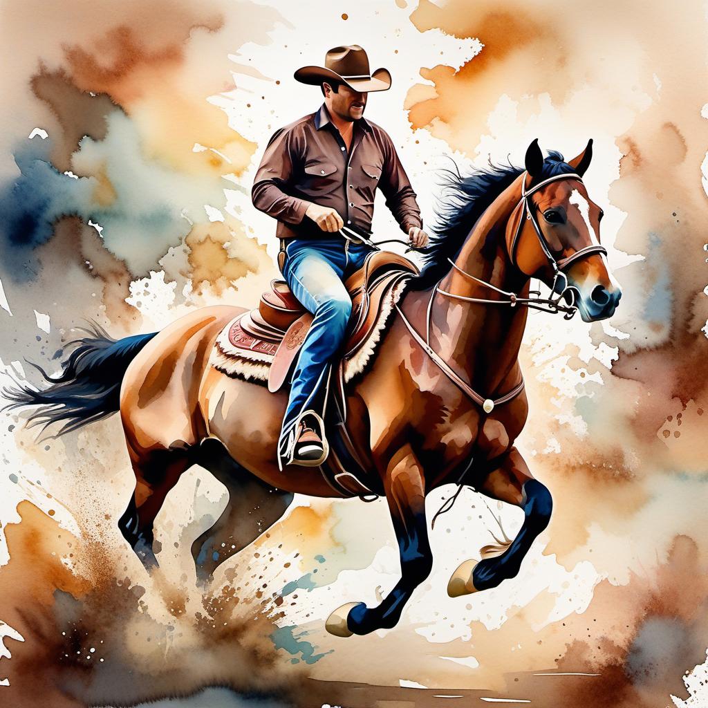  Create a watercolor painting of a man ridding a bucking horse at a rodeo. The background features soft, watercolor style splashes in earthy tones, giving the image an artistic and dreamy feel. Ensure the overall image has a delicate watercolor effect.