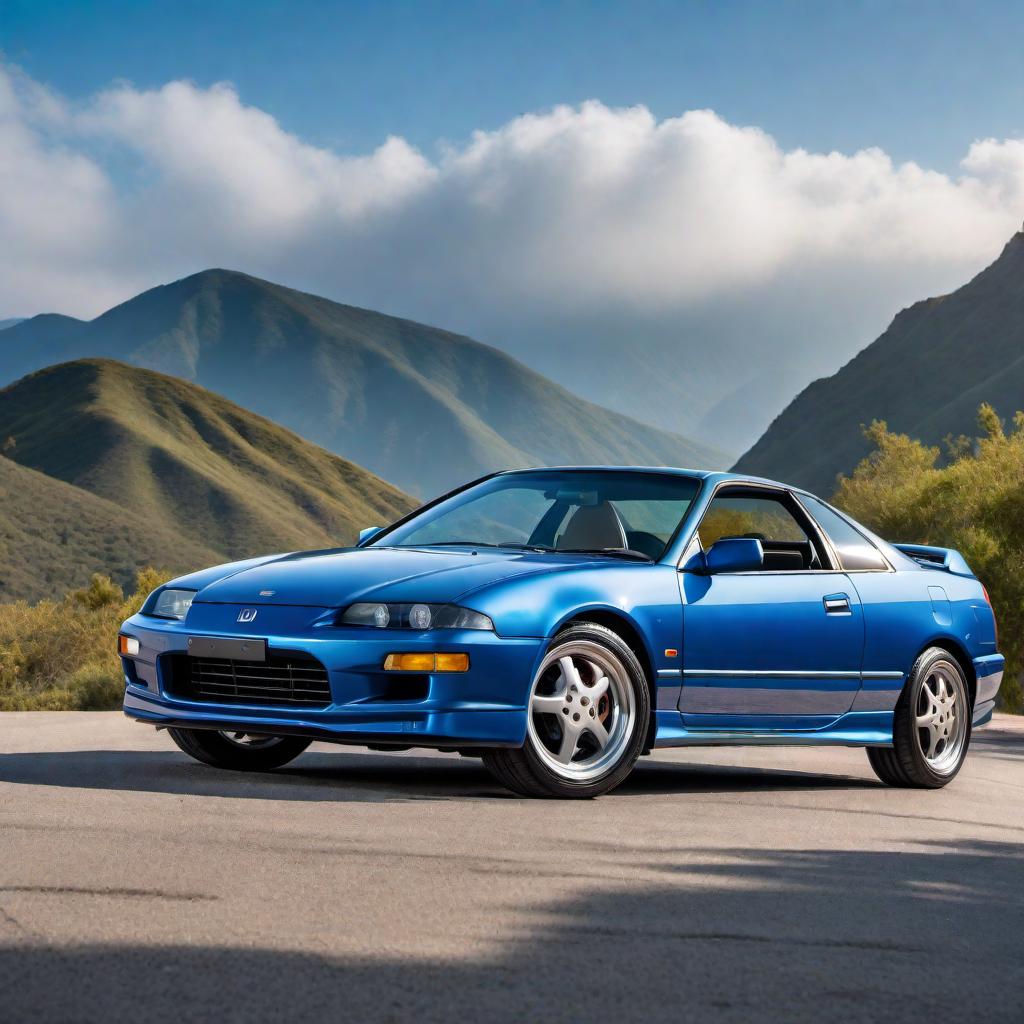  1993 blue Honda Prelude VTEC in pristine blue color with classic design elements from the early 1990s. The car should feature its original VTEC badging and iconic wheels. The setting is an open road with a scenic background, highlighting the car's sleek and sporty design. hyperrealistic, full body, detailed clothing, highly detailed, cinematic lighting, stunningly beautiful, intricate, sharp focus, f/1. 8, 85mm, (centered image composition), (professionally color graded), ((bright soft diffused light)), volumetric fog, trending on instagram, trending on tumblr, HDR 4K, 8K