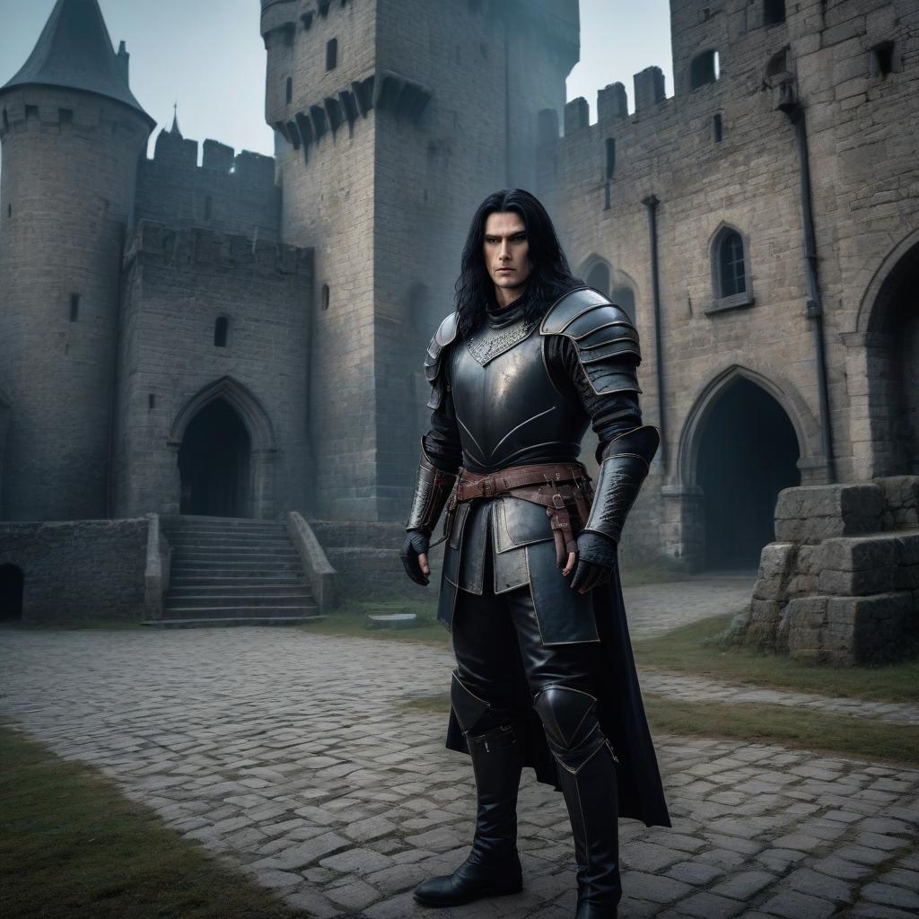  horror themed Middle Ages, young Stas Bondarenko with long black hair stands in front of the castle in leather armor . eerie, unsettling, dark, spooky, suspenseful, grim, highly detailed, hkmagic hyperrealistic, full body, detailed clothing, highly detailed, cinematic lighting, stunningly beautiful, intricate, sharp focus, f/1. 8, 85mm, (centered image composition), (professionally color graded), ((bright soft diffused light)), volumetric fog, trending on instagram, trending on tumblr, HDR 4K, 8K