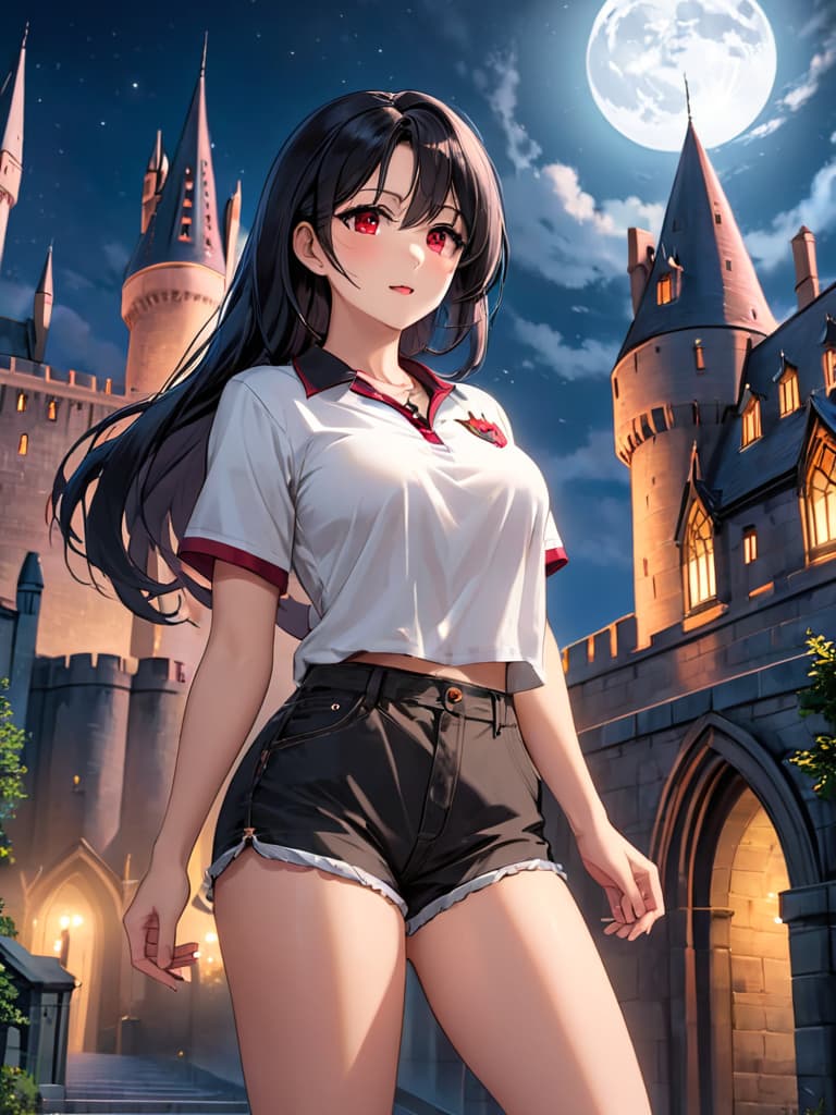  score 9, score 8 up, score 7 up, detailed, black hair, long hair, red eyes, white shirt, short shorts, black shorts, cloud, moon, full moon, Hogwarts, castle hill, night sky, street, shooting star, looking at viewer, blush, light smile, closed mouth, strong pose, (mature female:0.65), v, hand up, clenched hand, hyperrealistic, full body, detailed clothing, highly detailed, cinematic lighting, stunningly beautiful, intricate, sharp focus, f/1. 8, 85mm, (centered image composition), (professionally color graded), ((bright soft diffused light)), volumetric fog, trending on instagram, trending on tumblr, HDR 4K, 8K