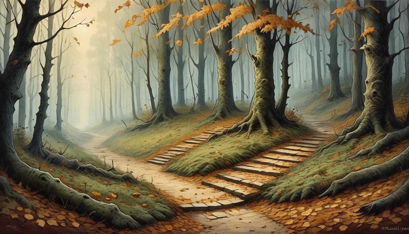  on parchment, surrealism+++, A footpath through dense forest, ground littered with fallen leaves, foot imprints emphasizing steps taken, shadows suggesting obstacles overcome, resilience, solitude(mysterious, provocative, symbolic,muted color)+++