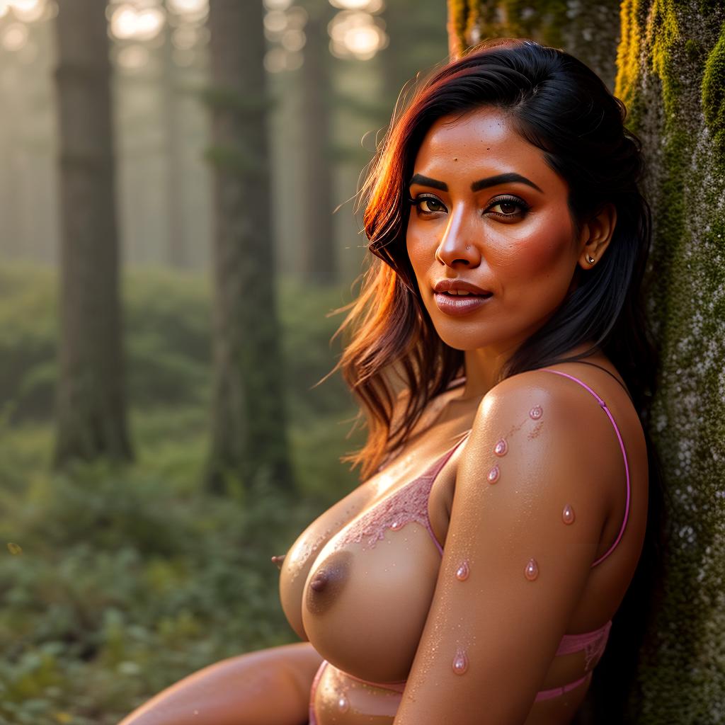  a woman sitting on a bench in the grass, in deep forest hungle, exposed thighs!!!, wearing pink sari, full body pov, street pic, mom, wet hairy bodies, hethe srodawa, flash on, mountainside, black skin, looking at the viewer, frock, uncropped hyperrealistic, full body, detailed clothing, highly detailed, cinematic lighting, stunningly beautiful, intricate, sharp focus, f/1. 8, 85mm, (centered image composition), (professionally color graded), ((bright soft diffused light)), volumetric fog, trending on instagram, trending on tumblr, HDR 4K, 8K