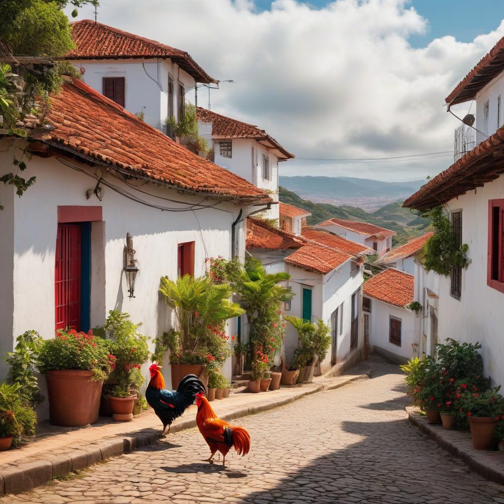  No people. Small village in Brazil. In the style of Benedito Calixto de Jesus, old white houses with red roofs, windows bordered with a wide yellow outline. Four red roosters walk in the middle of the street. Details. Lots of embellishments and small details, detailed look. soft colors, HDR, 4K hyperrealistic, full body, detailed clothing, highly detailed, cinematic lighting, stunningly beautiful, intricate, sharp focus, f/1. 8, 85mm, (centered image composition), (professionally color graded), ((bright soft diffused light)), volumetric fog, trending on instagram, trending on tumblr, HDR 4K, 8K