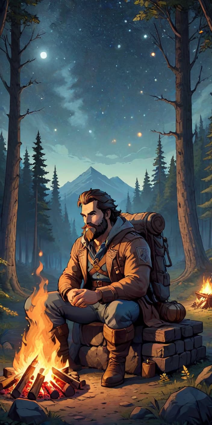  pixel art A man with a beard is sitting by a campfire in the forest at night, there is no moon in the sky, only stars . low res, blocky, pixel art style, 8 bit graphics, on parchment hyperrealistic, full body, detailed clothing, highly detailed, cinematic lighting, stunningly beautiful, intricate, sharp focus, f/1. 8, 85mm, (centered image composition), (professionally color graded), ((bright soft diffused light)), volumetric fog, trending on instagram, trending on tumblr, HDR 4K, 8K