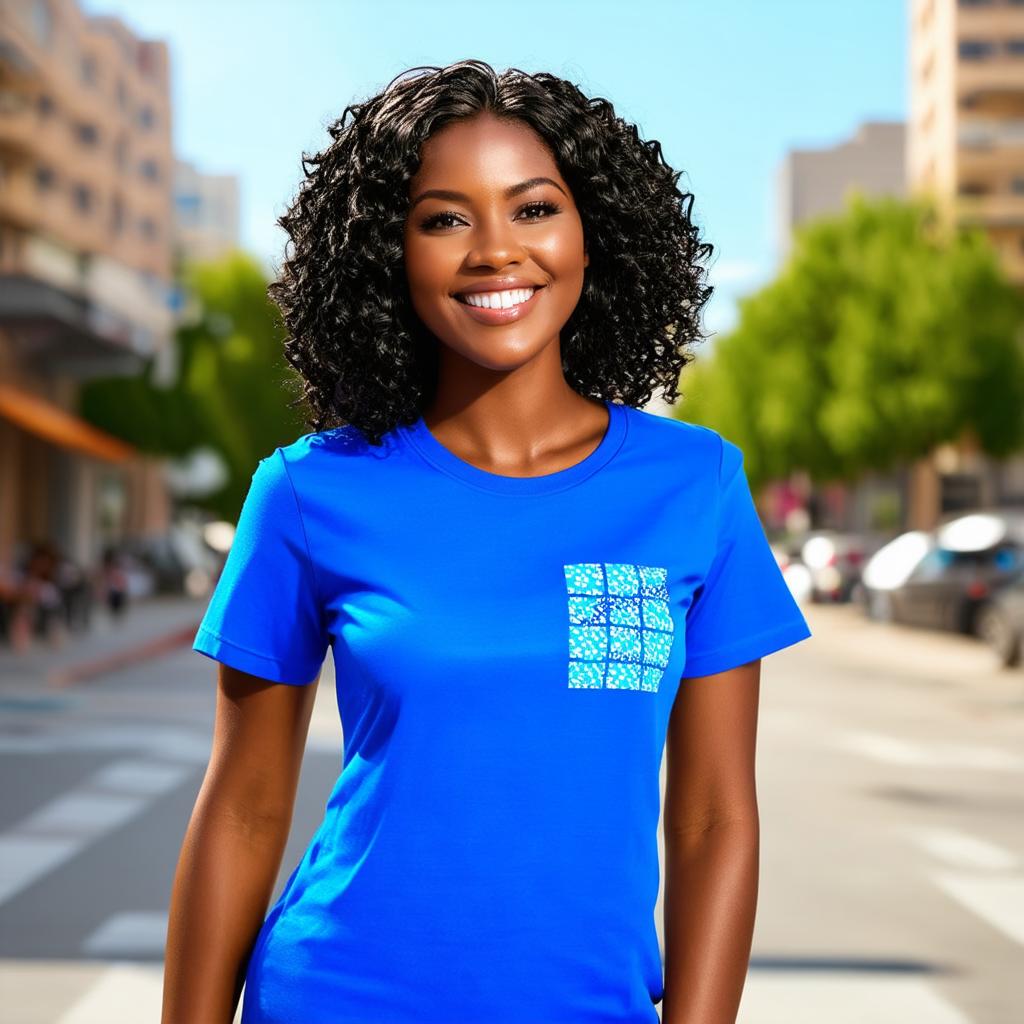  half body portrait black curly happy woman wearing blue t shirt with squared floral pattern on t shirt, Blurred city Background