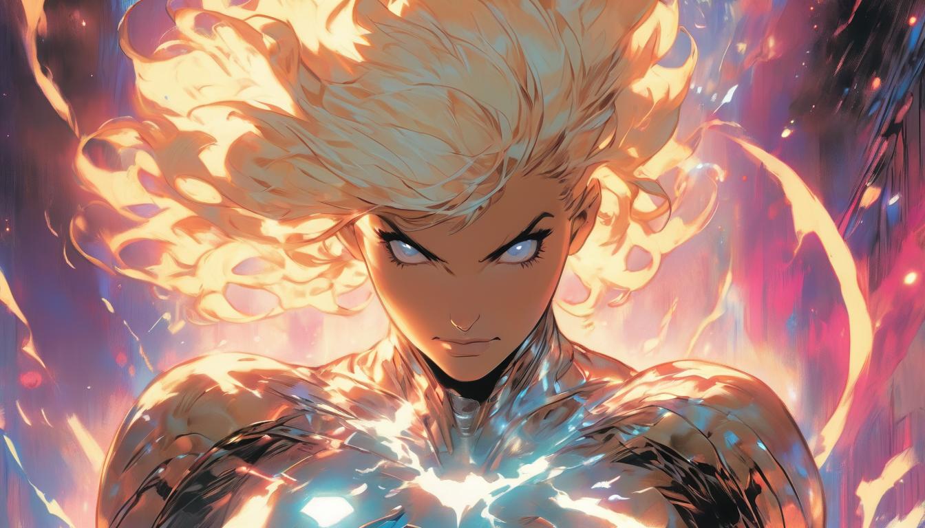  hyperrealism,fantasy aesthetic1woman, large busted attractive blonde arian female humanoid, cosmic connection, glowing energy bridge, vast universe behind, high tech clothing clad in sleek, futuristic costume with metallic accents and form fitting designs, marvel superhero comics style, unreal engine rendering