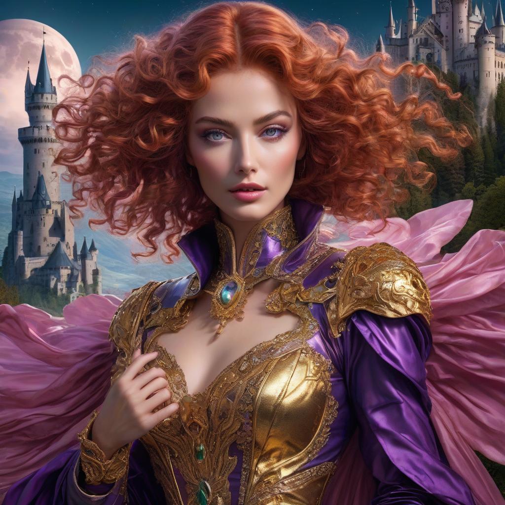  A masterpiece. A girl in a purple spacesuit, a whirlwind around her, her hair is developing. Pink light streams from her hands. Lips red, red curly hair, green eyes. Detailed depiction, detailing, detailing all the little details, correct and accurate color combination. Cyberpunk, rococo, baroque. Alfonso Mucha, Honoré Fargonard. Purple silk linen. Topaz, diamonds, quartzite, amber, topaz, emerald. A defended fortress, a palisade, a gloomy castle, iron, black stone. Standing against a background of mountains. Flying saucer. Space, fantasy. Purple, blue, silver colors. Moon. Fairy tale blue eyed eagle. Neuschwanstein. Fairy tale blue eyed eagle. Neuschwanstein. The girl in the gold dress. A very pretty girl. Garden of Eden. Rain. Flying sau hyperrealistic, full body, detailed clothing, highly detailed, cinematic lighting, stunningly beautiful, intricate, sharp focus, f/1. 8, 85mm, (centered image composition), (professionally color graded), ((bright soft diffused light)), volumetric fog, trending on instagram, trending on tumblr, HDR 4K, 8K