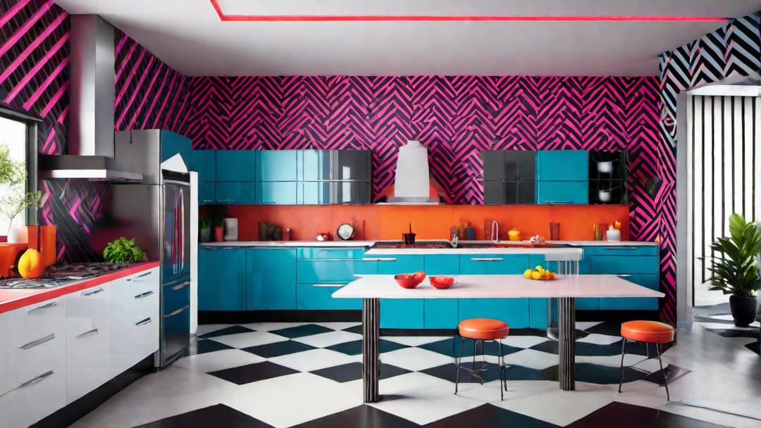  Generate an image of a vibrant 80s retro kitchen with bold colors and geometric patterns. The kitchen should feature neon hues like bright pink, electric blue, and neon green. Include cabinetry and countertops with a mix of primary colors inspired by the Memphis design movement. The flooring should have a checkerboard pattern in black and white, and the walls should be decorated with geometric wallpaper. Capture the lively and energetic atmosphere of 80s retro interior design in this kitchen. hyperrealistic, full body, detailed clothing, highly detailed, cinematic lighting, stunningly beautiful, intricate, sharp focus, f/1. 8, 85mm, (centered image composition), (professionally color graded), ((bright soft diffused light)), volumetric fog, trending on instagram, trending on tumblr, HDR 4K, 8K