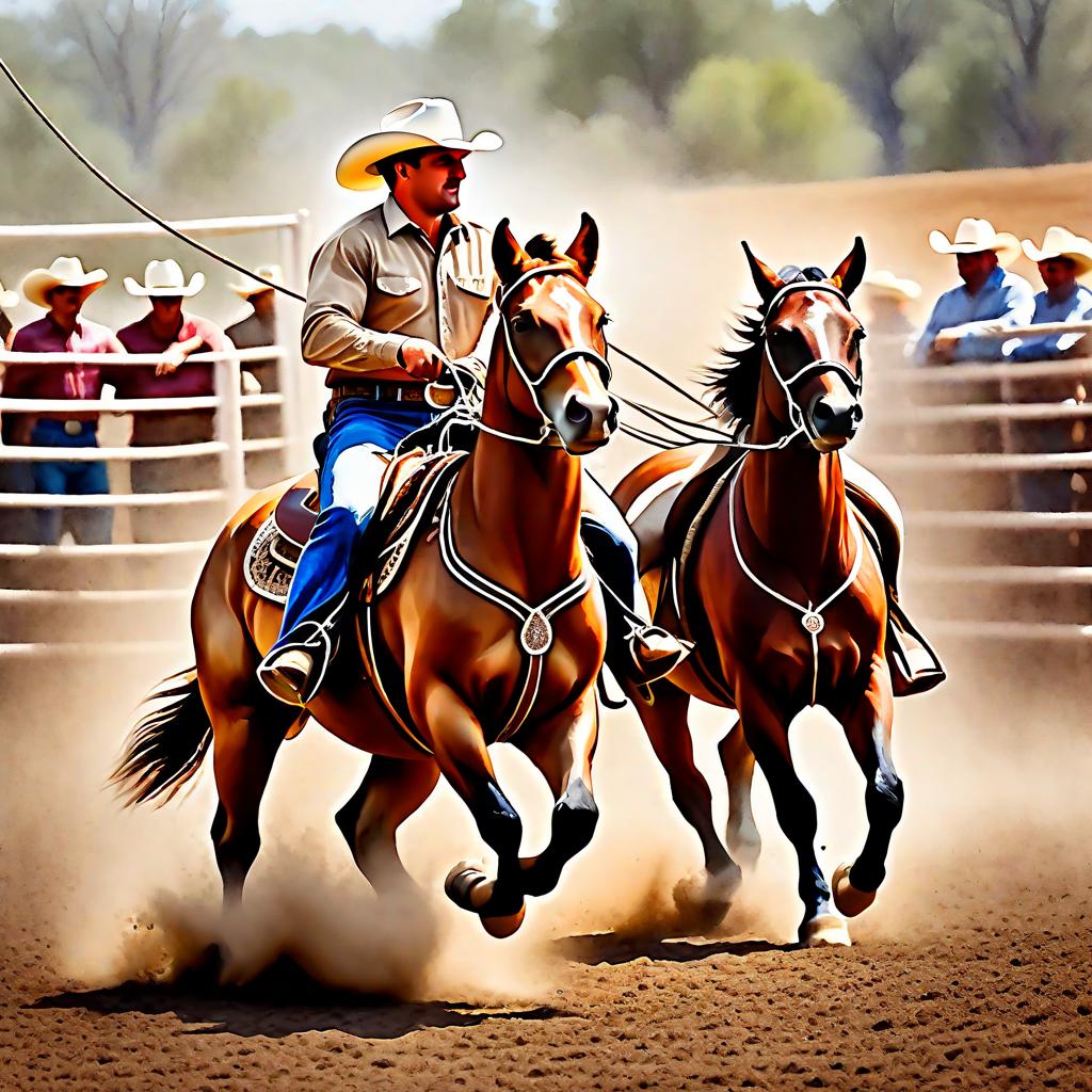  Create a watercolor painting of calf roping at a rodeo. The background features soft, watercolor style splashes in earthy tones, giving the image an artistic and dreamy feel. Ensure the overall image has a delicate watercolor effect.