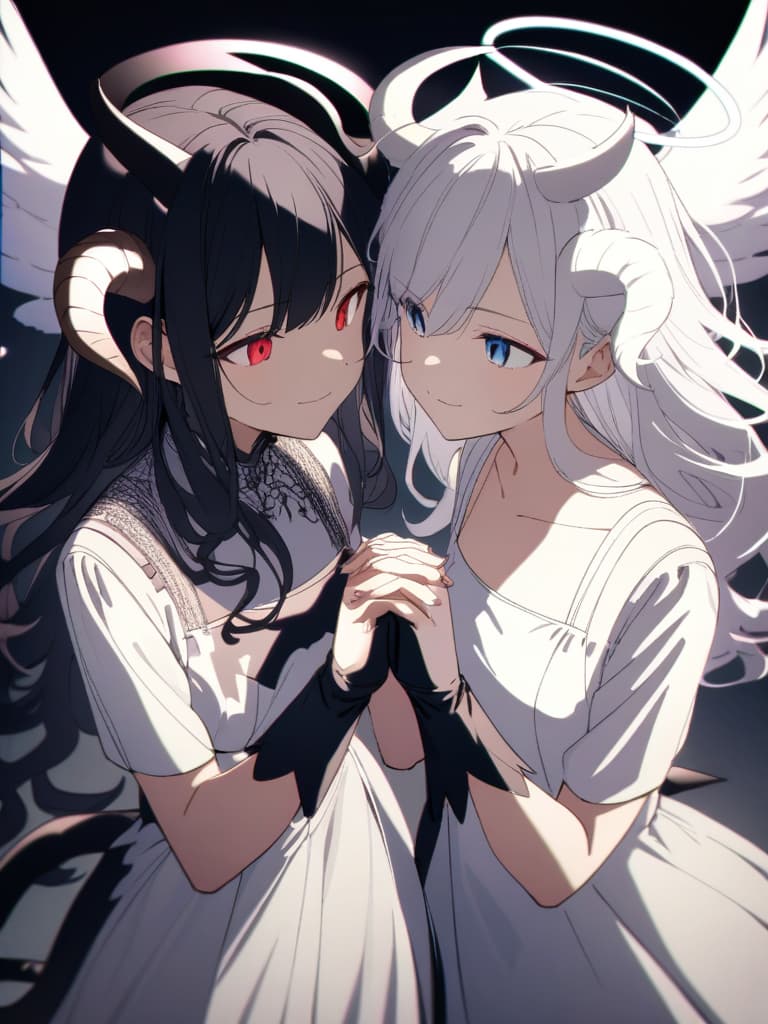  ((Angel and devil,angel,devil,facing each other,s together,y,tempting,devil on the right,angel on the left,holding hands,divine)),((Angel,angel wings,angel halo,halo,white dress,big s,blue eyes,white hair,perm,long hair,curly hair,beautiful,pretty ,puzzled face)),((Devil,devil wings,devil horns,devil tail,red eyes,black hair,straight long hair,big s,black dress,black gloves,devilish smile,pretty )),pretty ,cute,high quality,two people,two s,ultra detailed,best shadow,cute and beautiful face,(masterpiece:1.2),(best quality:1.2),detailed background,high contrast,(best illumination,an extremely delicate and beautiful),((cinematic light)),hyper detail,dramatic light,intricate details,8k,anime,very aesthetic, ma