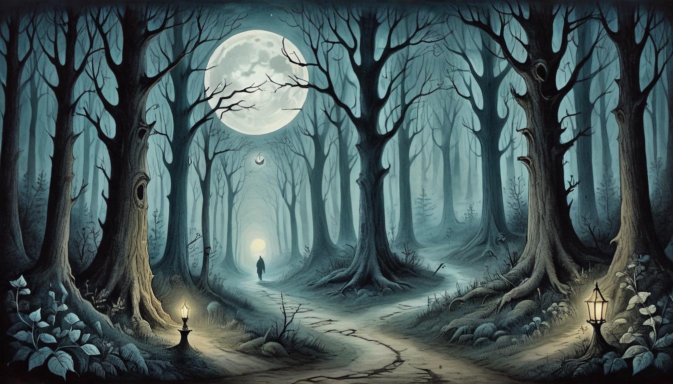  on parchment, surrealism+++, A split path in a dark forest, illuminated by moonlight, mystical, decision making, spiritual journey(mysterious, provocative, symbolic,muted color)+++