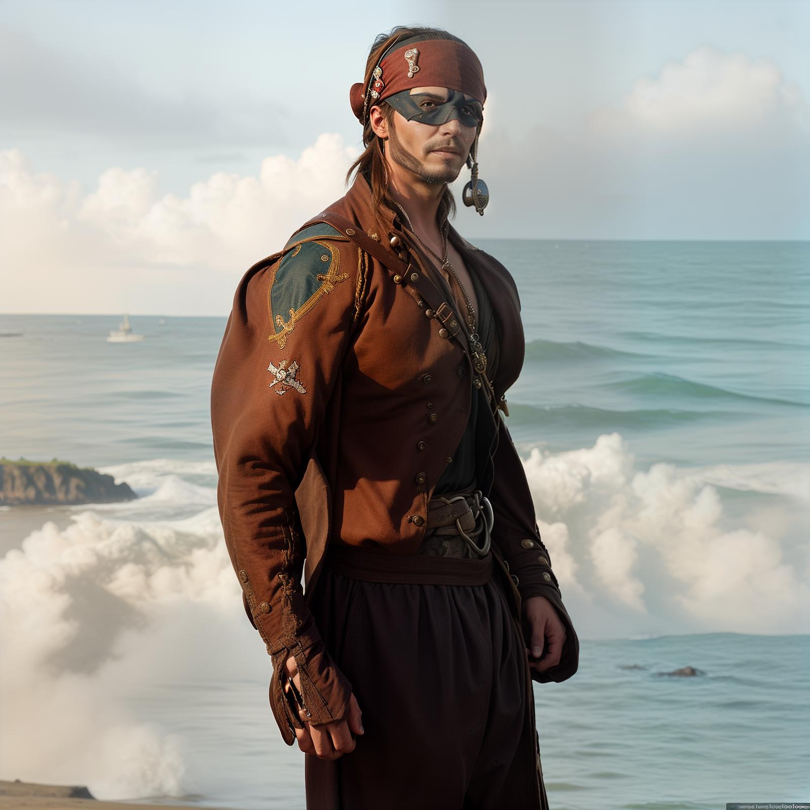  Image of a pirate. Pirate themed elements such as an eye patch, a tricorn hat, a parrot on the shoulder, a pirate coat, and a background featuring a pirate ship or a treasure island. A big sea on the background. The final image should be vibrant, very detailed