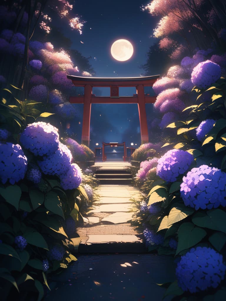  Lots of scenery, crescent moon, night, hydrangea and torii, masterpiece, best quality,8k,ultra detailed,high resolution,an extremely delicate and beautiful,hyper detail