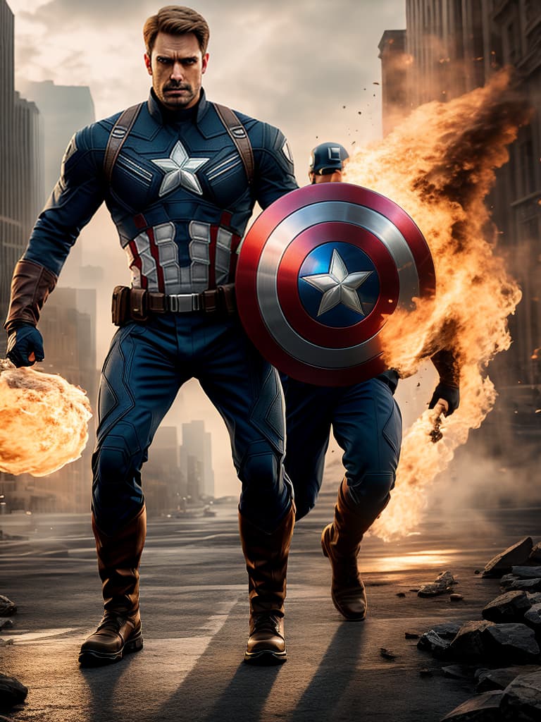  captain america in cinematic poster hyperrealistic, full body, detailed clothing, highly detailed, cinematic lighting, stunningly beautiful, intricate, sharp focus, f/1. 8, 85mm, (centered image composition), (professionally color graded), ((bright soft diffused light)), volumetric fog, trending on instagram, trending on tumblr, HDR 4K, 8K