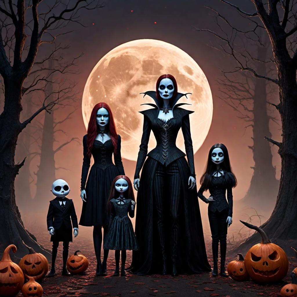  A family portrait inspired by The Nightmare Before Christmas but with a more nightmarish twist. The family members should have even more exaggerated and eerie features, with grotesque yet whimsical expressions. Dress them in tattered, gothic clothing with a more sinister feel. The background should be a surreal, dark dreamscape with twisted, shadowy figures, dead trees, and an eerie, glowing full moon. The overall color palette should be dominated by dark tones—blacks, purples, and grays—with unsettling highlights in blood reds and sickly greens. Capture the essence of a haunting, yet imaginative nightmare. hyperrealistic, full body, detailed clothing, highly detailed, cinematic lighting, stunningly beautiful, intricate, sharp focus, f/1. 8, 85mm, (centered image composition), (professionally color graded), ((bright soft diffused light)), volumetric fog, trending on instagram, trending on tumblr, HDR 4K, 8K