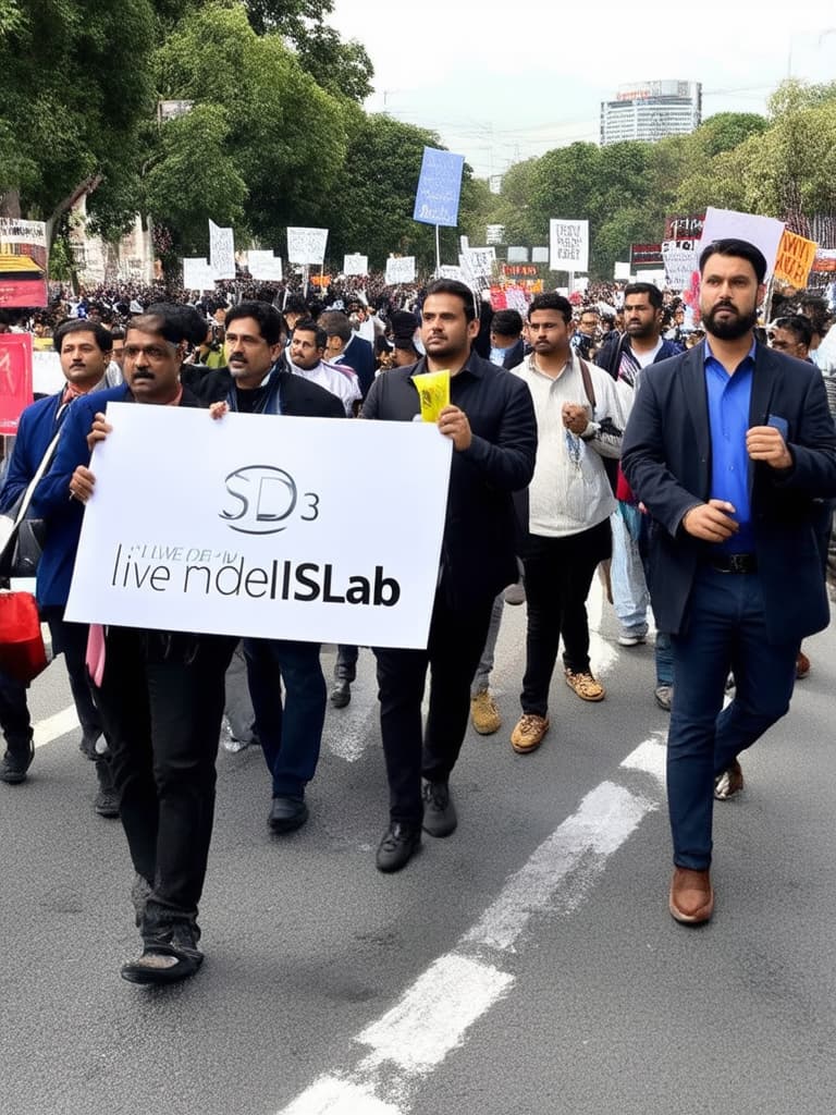  people protesting on road holding sign board say 'SD3 live on ModelsLab'