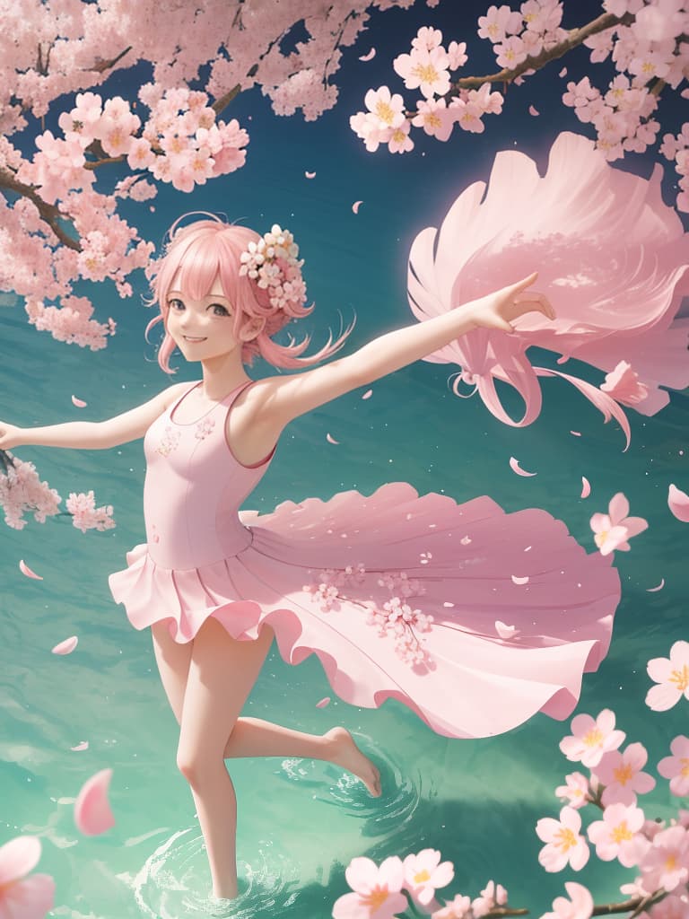  Sufficient smile, cherry blossoms, petals, spring, Outstretched Arms, Looking Back, (Pink & White One Piece), Dutch Angle, 💩: 1., masterpiece, best quality,8k,ultra detailed,high resolution,an extremely delicate and beautiful,hyper detail