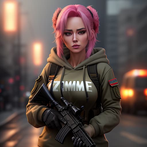  a beautiful girl in a military uniform, with pink hair far from the city in the style of the post apocalypse with a machine gun in her hands (the girl is wearing a hoodie with the inscription "Zumchik") hyperrealistic, full body, detailed clothing, highly detailed, cinematic lighting, stunningly beautiful, intricate, sharp focus, f/1. 8, 85mm, (centered image composition), (professionally color graded), ((bright soft diffused light)), volumetric fog, trending on instagram, trending on tumblr, HDR 4K, 8K