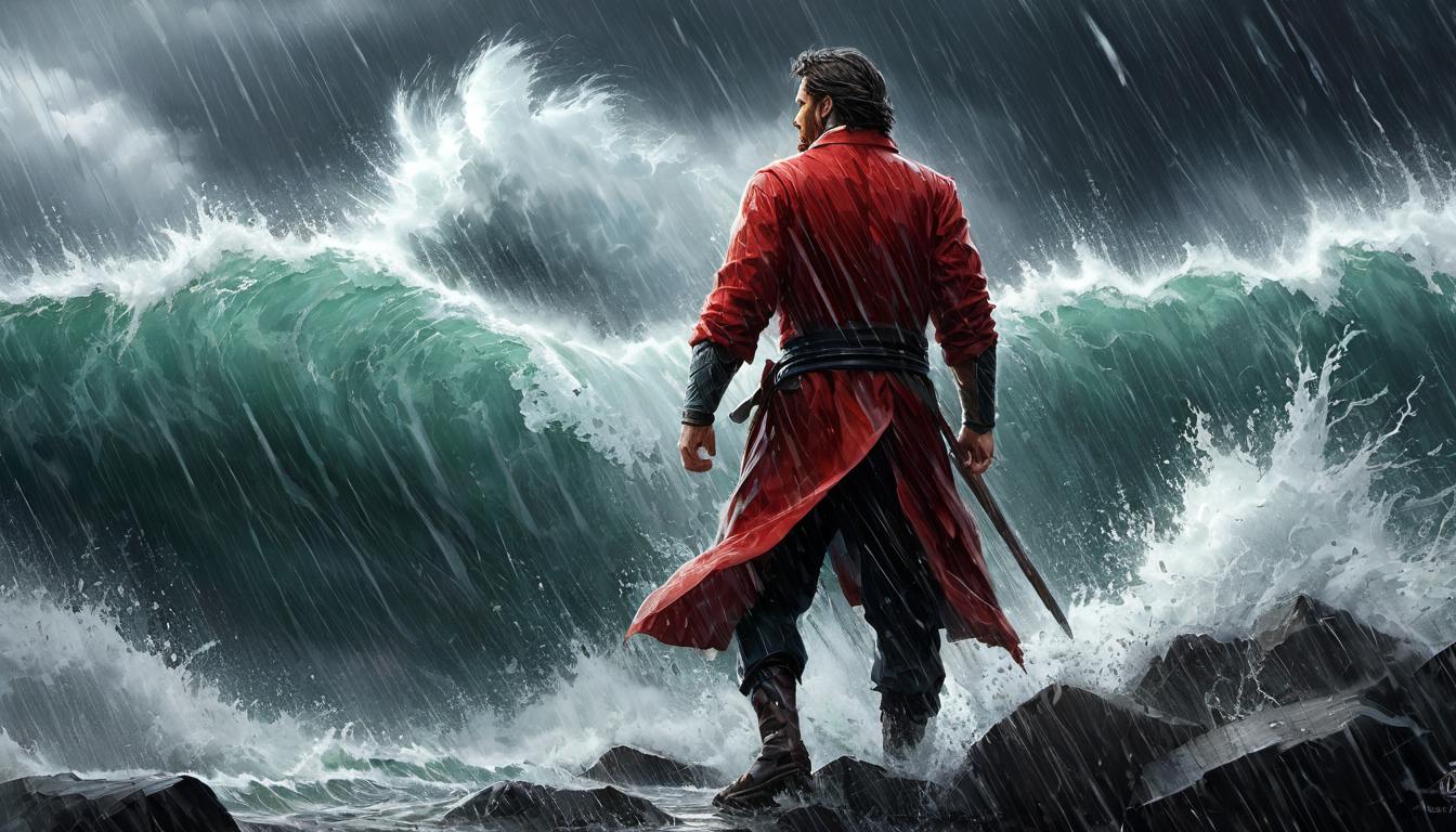  digital illustration, 1man, standing firmly in a storm, wind blowing fiercely, unyielding stance, detailed raindrops and wind effects, steadfast, resolute, inner strength, looking at viewer, dynamic pose, (intricate details, masterpiece, best quality)