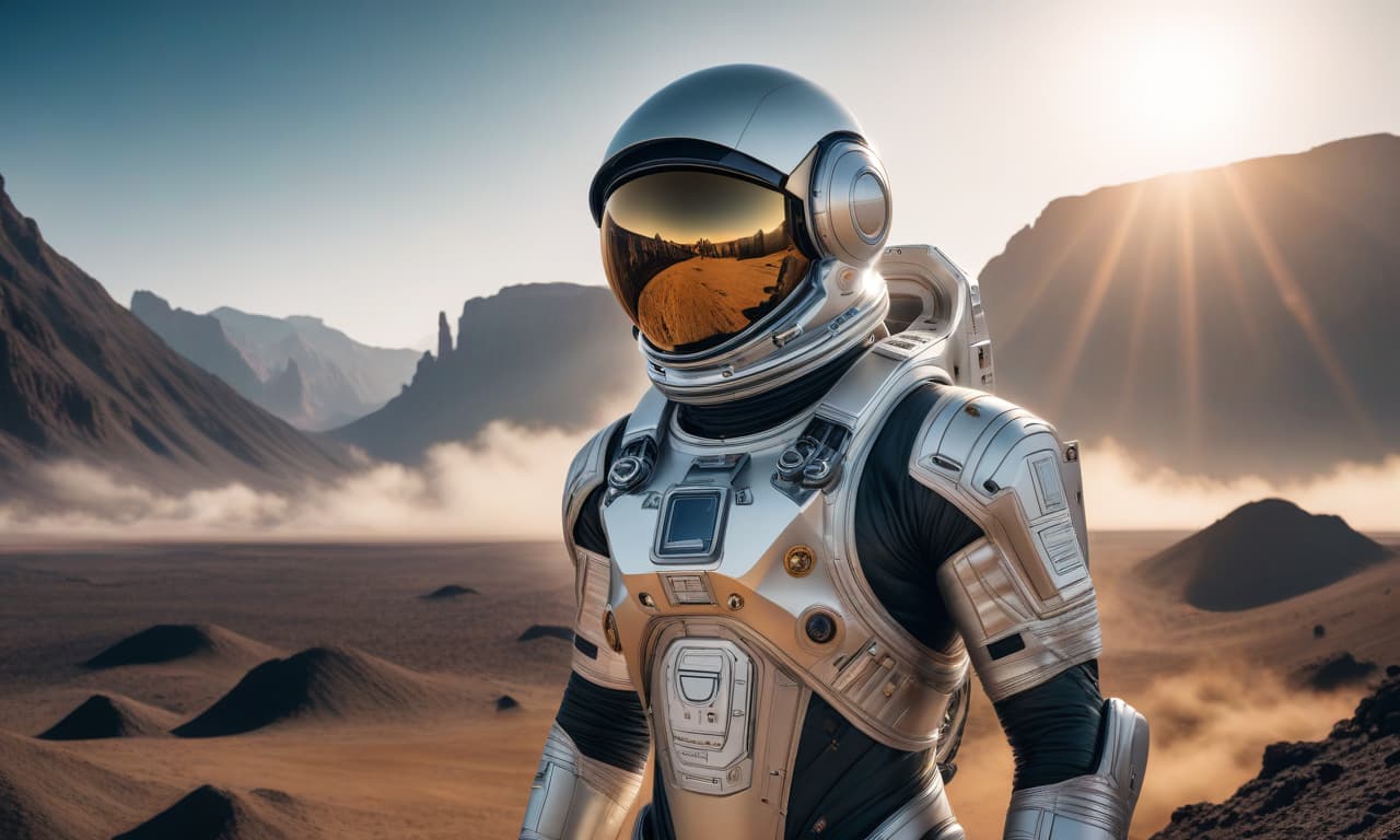  Panorama, the year 2500 CE, a futuristic astronaut in a powerful exoskeleton with a protective field lands on the Sun. hyperrealistic, full body, detailed clothing, highly detailed, cinematic lighting, stunningly beautiful, intricate, sharp focus, f/1. 8, 85mm, (centered image composition), (professionally color graded), ((bright soft diffused light)), volumetric fog, trending on instagram, trending on tumblr, HDR 4K, 8K