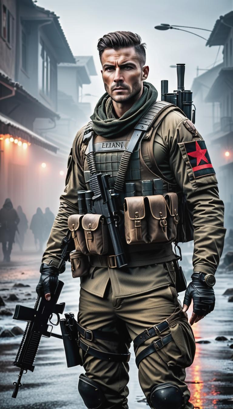  Post apocalyptic style depiction of Soldier albania . Futuristic, technological, survival in the wasteland, desolate cities, and the resilience and survival instincts of humanity theme. hyperrealistic, full body, detailed clothing, highly detailed, cinematic lighting, stunningly beautiful, intricate, sharp focus, f/1. 8, 85mm, (centered image composition), (professionally color graded), ((bright soft diffused light)), volumetric fog, trending on instagram, trending on tumblr, HDR 4K, 8K