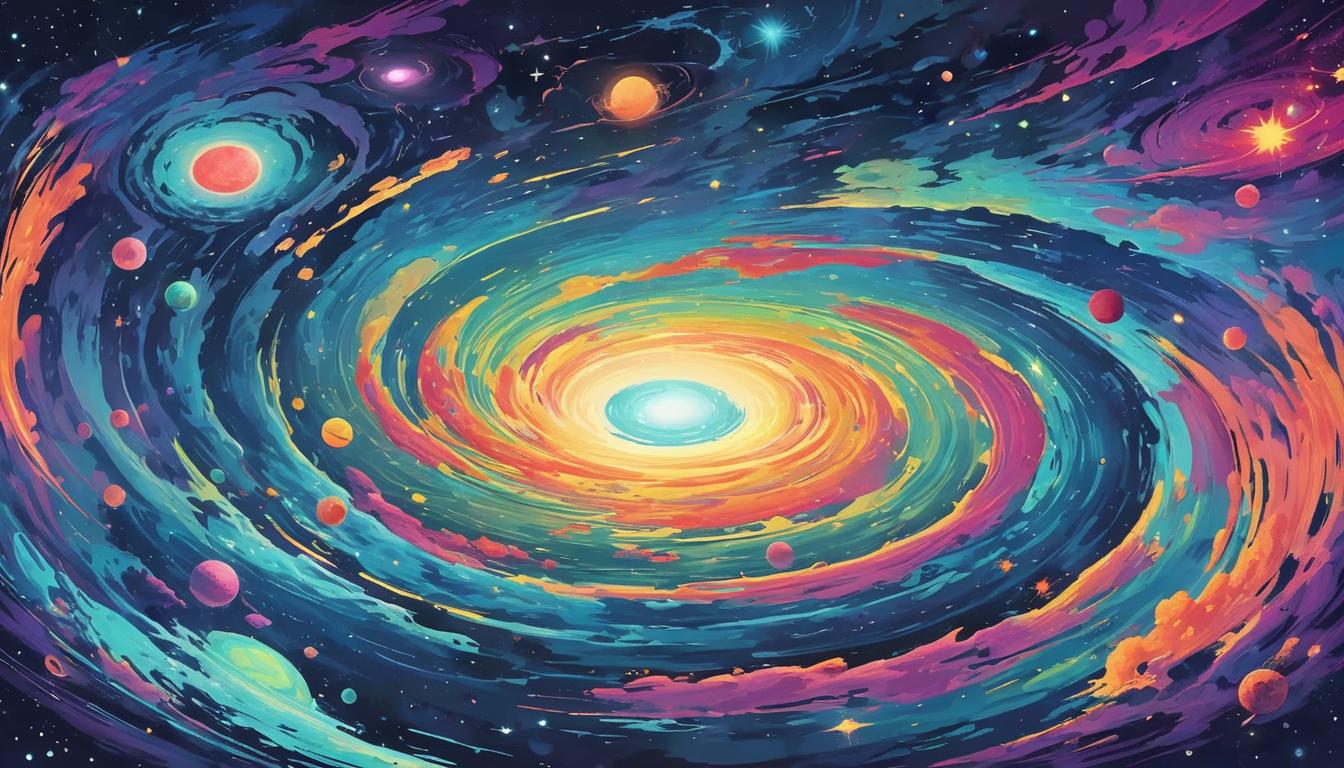  retro futuristic Galaxy swirl, glowing light, ethereal energy, vibrant colors, cosmic unity, starry beings meeting lvintage sci fi, 50s and 60s style, atomic age, vibrant, highly detailed