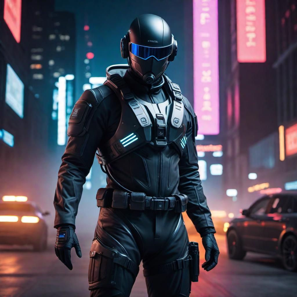  Create an image of a spy in a tactical suit. The spy should be equipped with advanced gadgets and weapons, blending seamlessly into a high-security environment. The background should portray a futuristic setting with neon lights and digital displays. hyperrealistic, full body, detailed clothing, highly detailed, cinematic lighting, stunningly beautiful, intricate, sharp focus, f/1. 8, 85mm, (centered image composition), (professionally color graded), ((bright soft diffused light)), volumetric fog, trending on instagram, trending on tumblr, HDR 4K, 8K