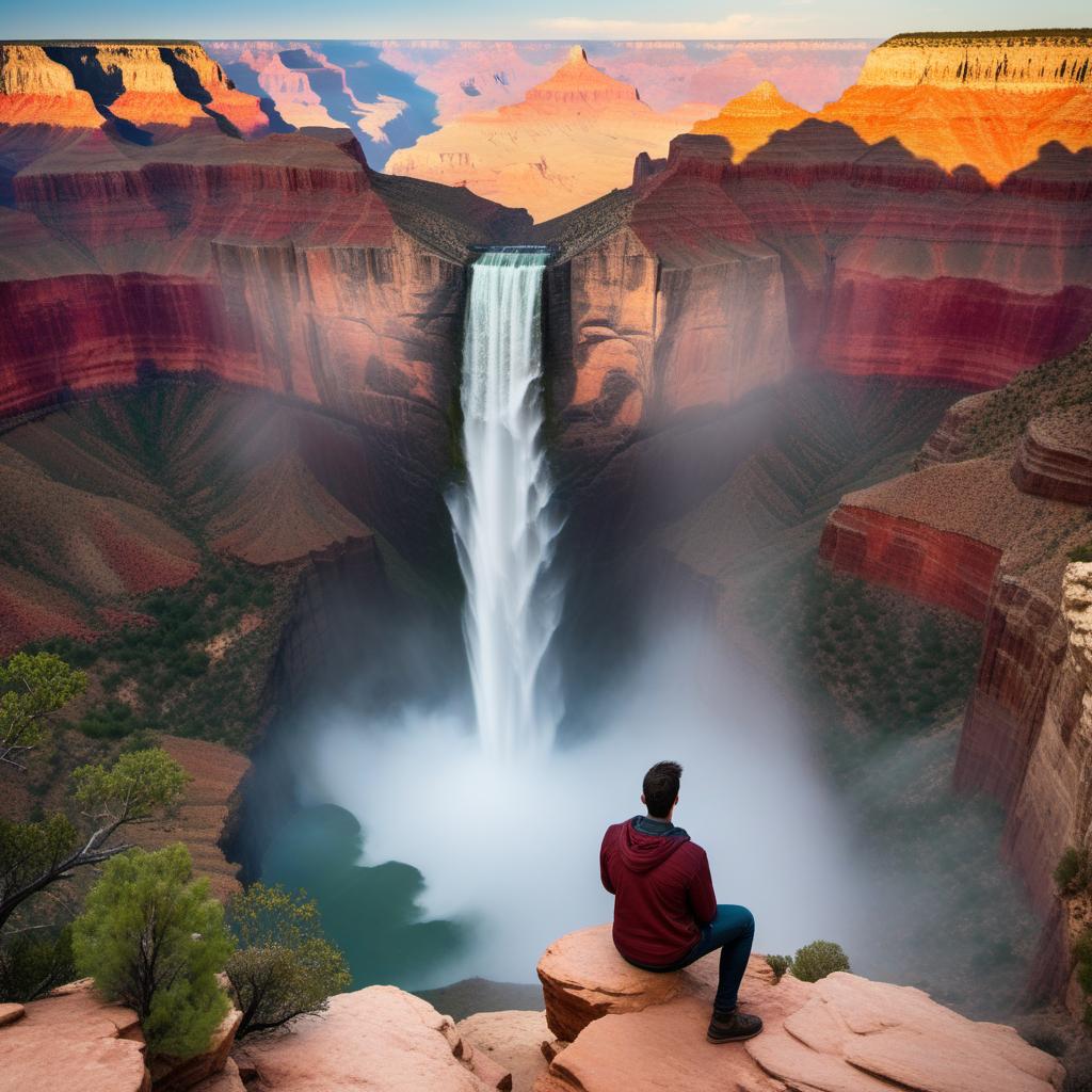  A person sitting down and looking at a beautiful waterfall at the bottom of the Grand Canyon. The person is casually dressed, sitting on a piece of rock, and gazing in awe at the majestic waterfall cascading down the cliffs. The Grand Canyon's iconic red and orange layered rock formations are visible, with lush greenery near the waterfall. The scene is breathtaking and serene. hyperrealistic, full body, detailed clothing, highly detailed, cinematic lighting, stunningly beautiful, intricate, sharp focus, f/1. 8, 85mm, (centered image composition), (professionally color graded), ((bright soft diffused light)), volumetric fog, trending on instagram, trending on tumblr, HDR 4K, 8K