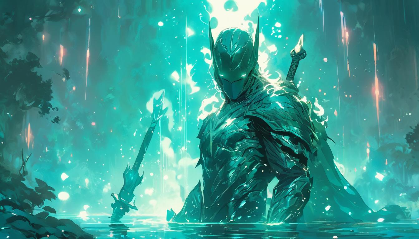  hyperrealism,fantasy aestheticA mystical lake with sparkles on its surface, a powerful sword emerging from the water held by a slender arm, sword glowing with magical light, background of enchanted forest, mythical, divine, high tech clothing clad in sleek, futuristic costume with metallic accents and form fitting designs, marvel superhero comics style, unreal engine rendering