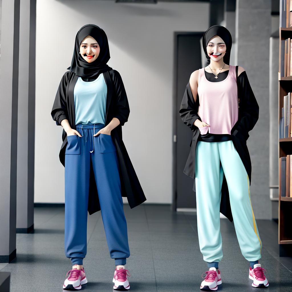  masterpiece, best quality, tank top,light smile,scientist, one girl,best quality,full body,hand in pocket,library,medium hair,black hair,sneakers, height 155 cm, weight 50 kg, hijab, long loose pants