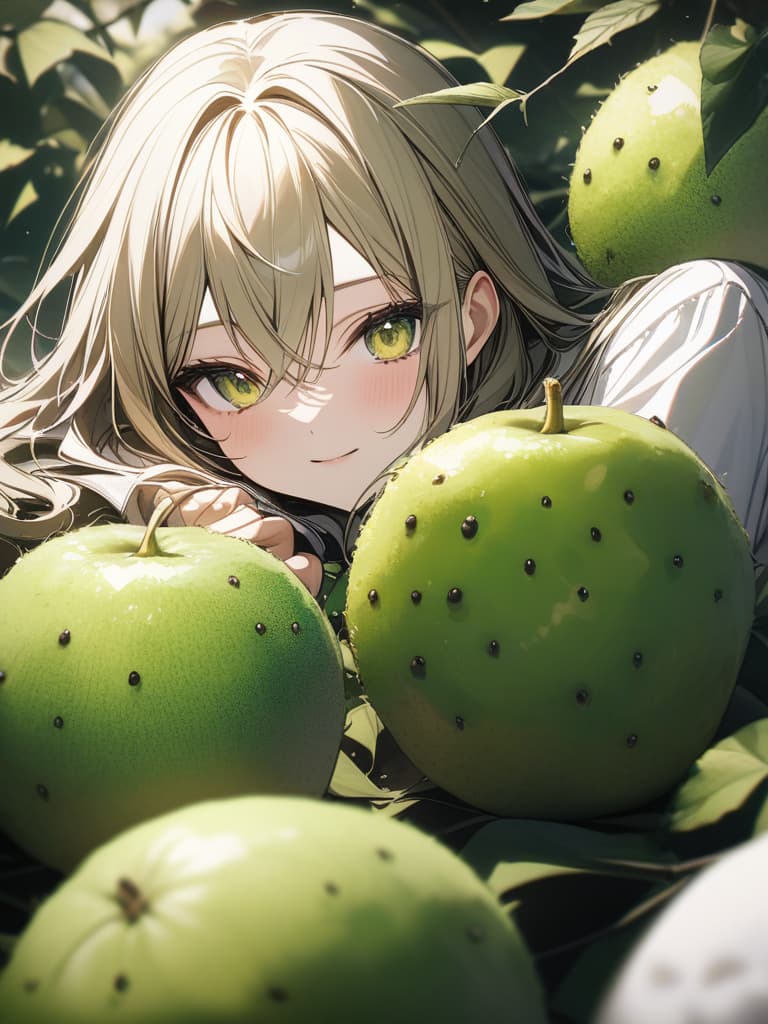  Cute, , yellow green eyes, yellow green hair color, kiwi decoration, kiwi fruit, uniform, vine, white shirt, young face, green , masterpiece, best quality,8k,ultra detailed,high resolution,an extremely delicate and beautiful,hyper detail