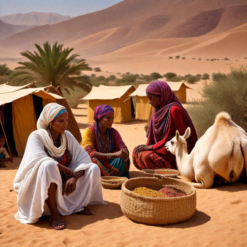  A vivid and detailed image of Mauri tribeswomen of North Africa. The scene includes women dressed in traditional, colorful garments and ornate headpieces adorned with feathers, beads, and intricate patterns. They are seen engaging in community activities like weaving, pottery, and socializing in a communal setting. The landscape features arid terrain with rugged mountains in the background and sparse vegetation typical of the North African region. Traditional huts and tents are present in the vicinity. One or two women can be seen tending to domesticated animals such as camels or goats. The atmosphere is warm and inviting, with the setting sun casting a golden hue over the scene. hyperrealistic, full body, detailed clothing, highly detailed, cinematic lighting, stunningly beautiful, intricate, sharp focus, f/1. 8, 85mm, (centered image composition), (professionally color graded), ((bright soft diffused light)), volumetric fog, trending on instagram, trending on tumblr, HDR 4K, 8K