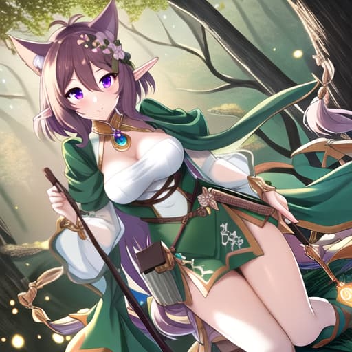  Cat girl, purple eyes, brown hair and elf costume, puff tail in a forest hyperrealistic, full body, detailed clothing, highly detailed, cinematic lighting, stunningly beautiful, intricate, sharp focus, f/1. 8, 85mm, (centered image composition), (professionally color graded), ((bright soft diffused light)), volumetric fog, trending on instagram, trending on tumblr, HDR 4K, 8K