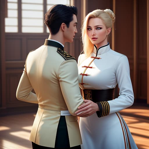  professional color photograph, a man of European appearance with dark hair and a woman of European appearance with blond hair in full length, looking at each other with a slight smile on their face, in a uniform for Chinese Wushu, practicing taijiquan next to eachother, drawn facial features, sporty hall with white walls, large windows, sun shining, high detail, realistic photography, 4k, hyper detail hyperrealistic, full body, detailed clothing, highly detailed, cinematic lighting, stunningly beautiful, intricate, sharp focus, f/1. 8, 85mm, (centered image composition), (professionally color graded), ((bright soft diffused light)), volumetric fog, trending on instagram, trending on tumblr, HDR 4K, 8K