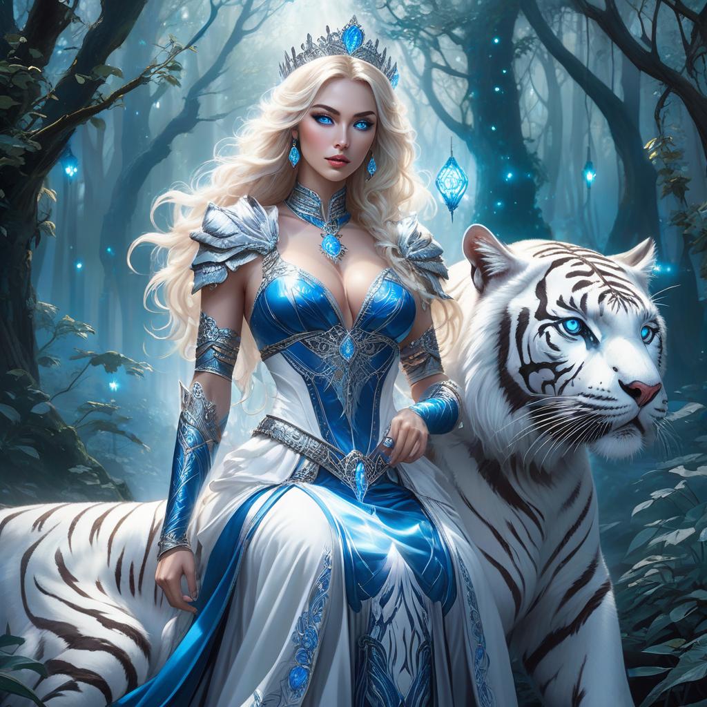  gothic style A woman in an ornate dress and crown stands in a mystical forest with a white tiger, holding a glowing lantern. A fantasy themed image featuring a regal woman with long, curly, blonde hair adorned with an intricate, silver crown with a glowing blue gem. She is dressed in a detailed, silver and white armor like outfit. Beside her is a majestic white tiger with striking blue eyes, also bearing intricate decorations on its head. The background is a mystical forest with a glowing lantern, enhancing the otherworldly atmosphere. Style of Karol Bak an image of a white tiger and a woman with blue eyes sitting next to each, gorgeous goddess of leo, digital art fantasy art, fantasy art, beautiful fantasy maiden, beautiful fantasy art, be hyperrealistic, full body, detailed clothing, highly detailed, cinematic lighting, stunningly beautiful, intricate, sharp focus, f/1. 8, 85mm, (centered image composition), (professionally color graded), ((bright soft diffused light)), volumetric fog, trending on instagram, trending on tumblr, HDR 4K, 8K