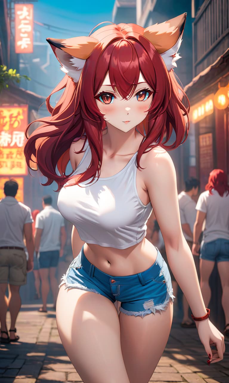  anime artwork Furry fox girl with deep red hair color down to shoulder length in a white top and short blue shorts at the waist and brown sandals. . anime style, key visual, vibrant, studio anime, highly detailed hyperrealistic, full body, detailed clothing, highly detailed, cinematic lighting, stunningly beautiful, intricate, sharp focus, f/1. 8, 85mm, (centered image composition), (professionally color graded), ((bright soft diffused light)), volumetric fog, trending on instagram, trending on tumblr, HDR 4K, 8K