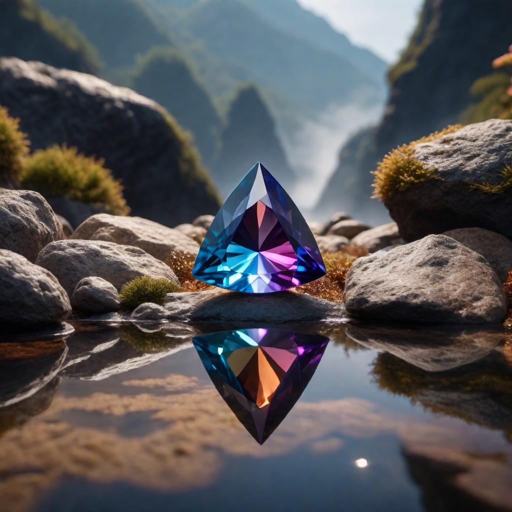  A beautiful trillion cut gemstone, reflecting light with brilliant colors. The stone should have sharp, defined edges and a symmetrical triangular shape. hyperrealistic, full body, detailed clothing, highly detailed, cinematic lighting, stunningly beautiful, intricate, sharp focus, f/1. 8, 85mm, (centered image composition), (professionally color graded), ((bright soft diffused light)), volumetric fog, trending on instagram, trending on tumblr, HDR 4K, 8K