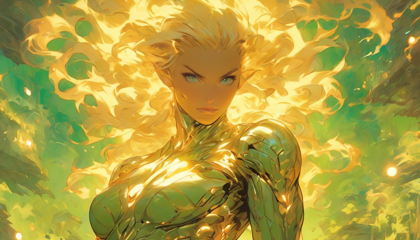  hyperrealism,fantasy aesthetic1woman, large busted attractive blonde arian female humanoid, symbolizing Gaia, holding a cradle of light representing life, lush and fertile surroundings, nurturing and sustaining energy, high tech clothing clad in sleek, futuristic costume with metallic accents and form fitting designs, marvel superhero comics style, unreal engine rendering