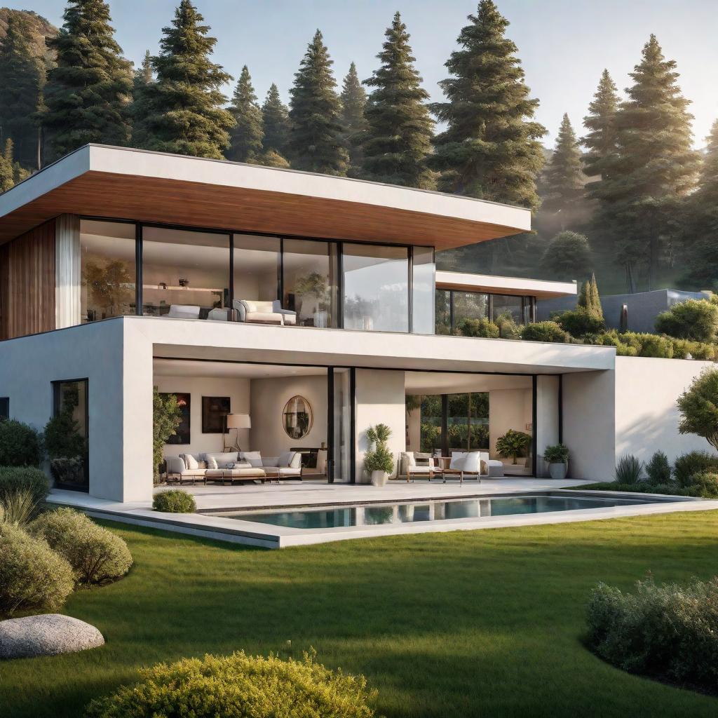  A detailed and realistic house model, showcasing modern architecture. The house should have large windows, a sleek roof, and minimalistic design elements. The surrounding landscape should include a well-manicured lawn, a driveway, and some modern outdoor furniture. The color scheme should be neutral, with shades of white, grey, and black. hyperrealistic, full body, detailed clothing, highly detailed, cinematic lighting, stunningly beautiful, intricate, sharp focus, f/1. 8, 85mm, (centered image composition), (professionally color graded), ((bright soft diffused light)), volumetric fog, trending on instagram, trending on tumblr, HDR 4K, 8K