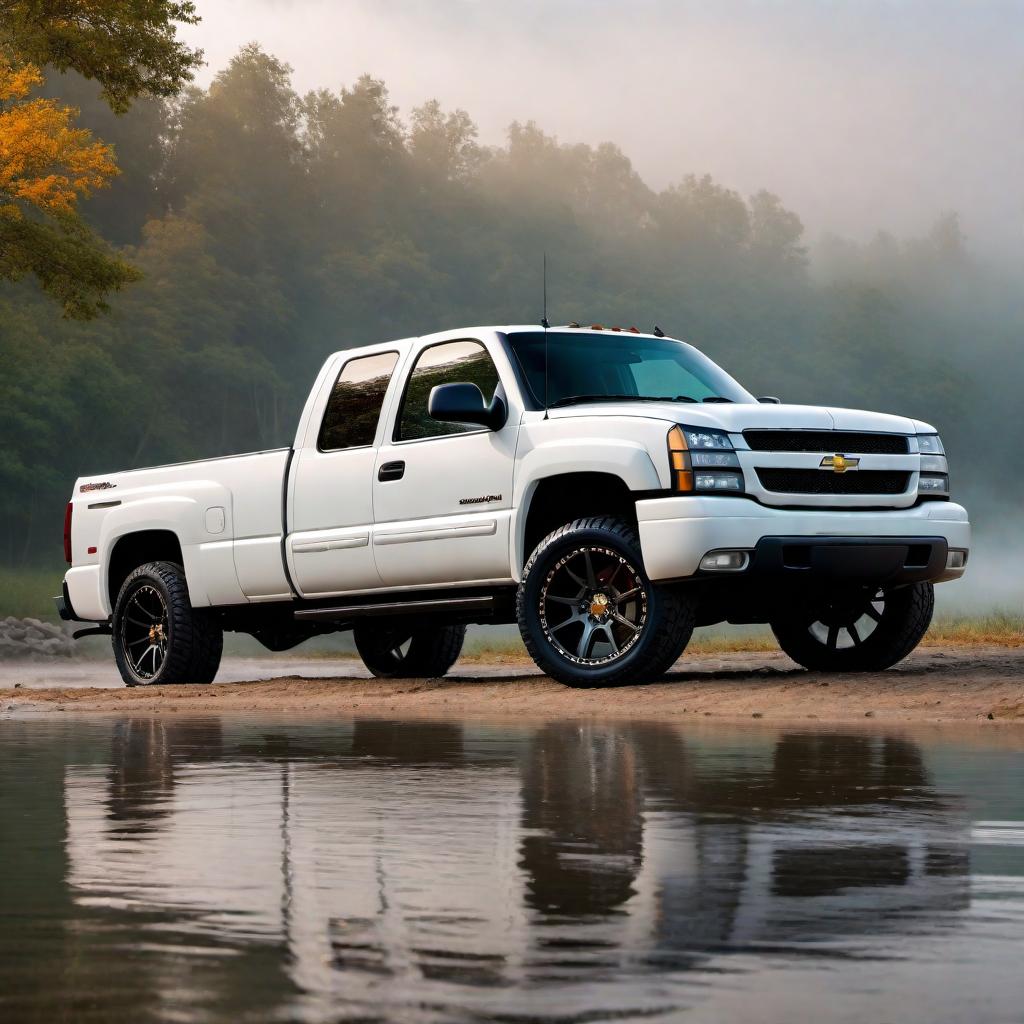  2005 White Chevrolet Silverado SS extra cab. Emphasize the robust design, detailed headlights, front grille, and sporty wheels. Place the truck in a scenic background with good lighting to showcase its features. hyperrealistic, full body, detailed clothing, highly detailed, cinematic lighting, stunningly beautiful, intricate, sharp focus, f/1. 8, 85mm, (centered image composition), (professionally color graded), ((bright soft diffused light)), volumetric fog, trending on instagram, trending on tumblr, HDR 4K, 8K