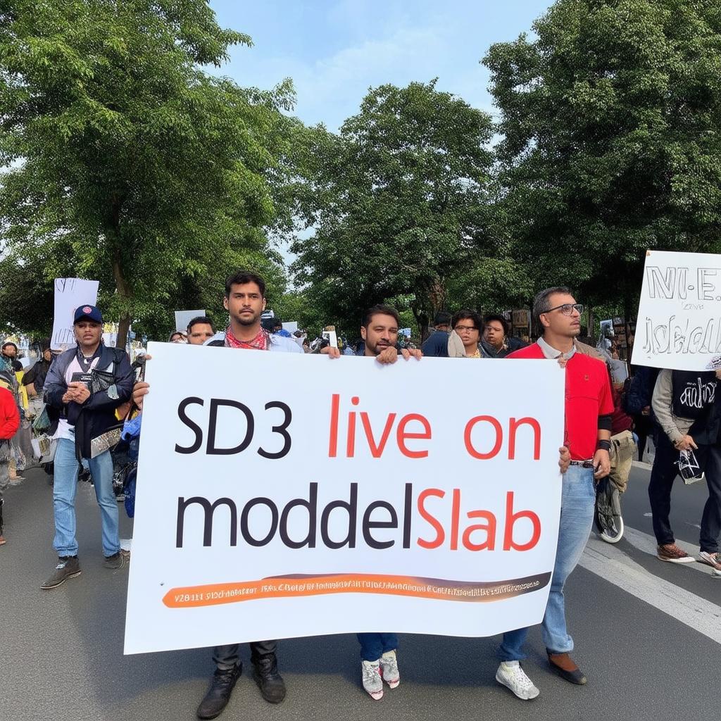  people protesting on road holding sign board say 'SD3 live on ModelsLab'