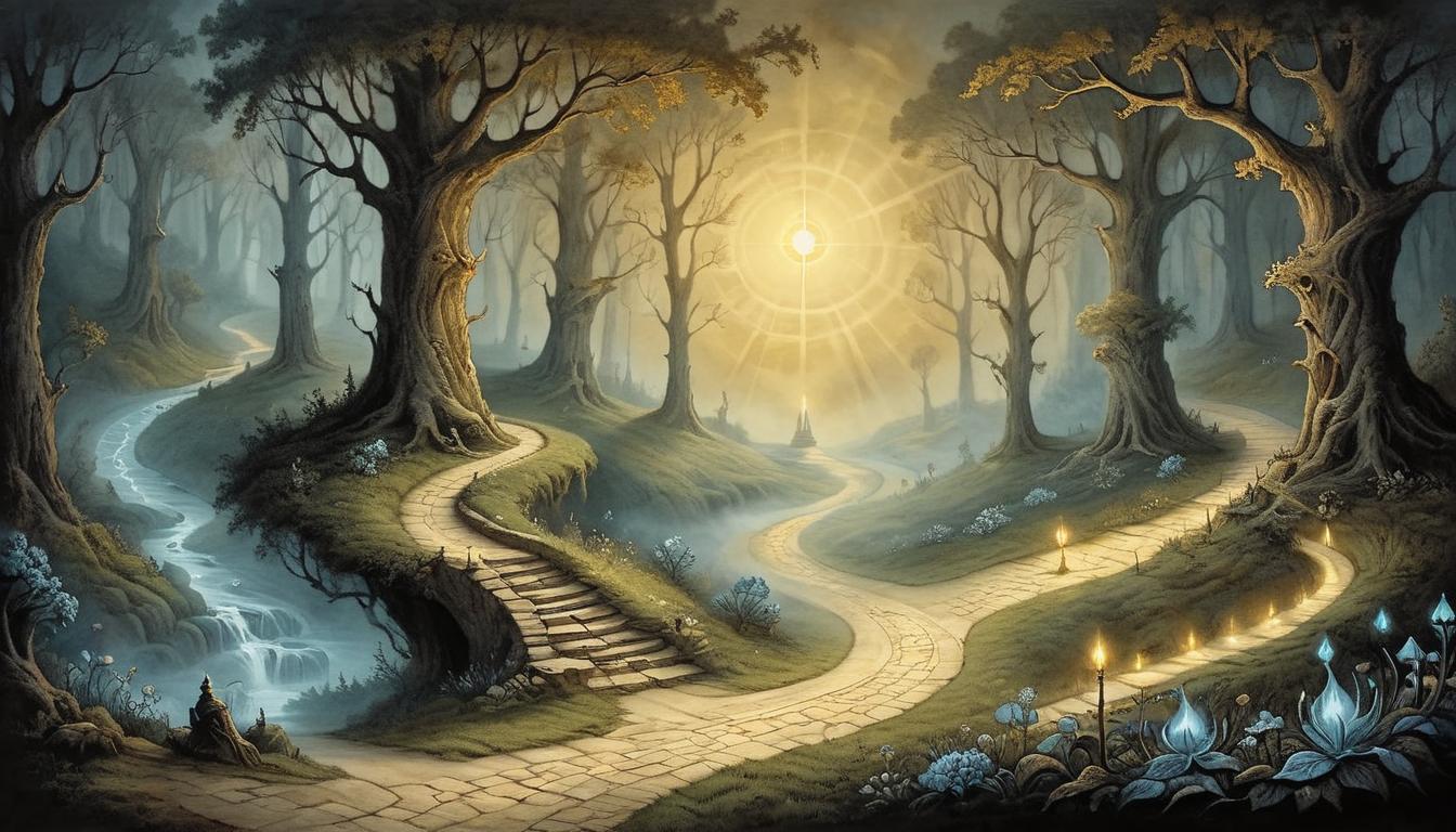  on parchment, surrealism+++, A radiant light beam emerging from darkness, illuminating a winding path, hopeful, guiding, singular focus(mysterious, provocative, symbolic,muted color)+++