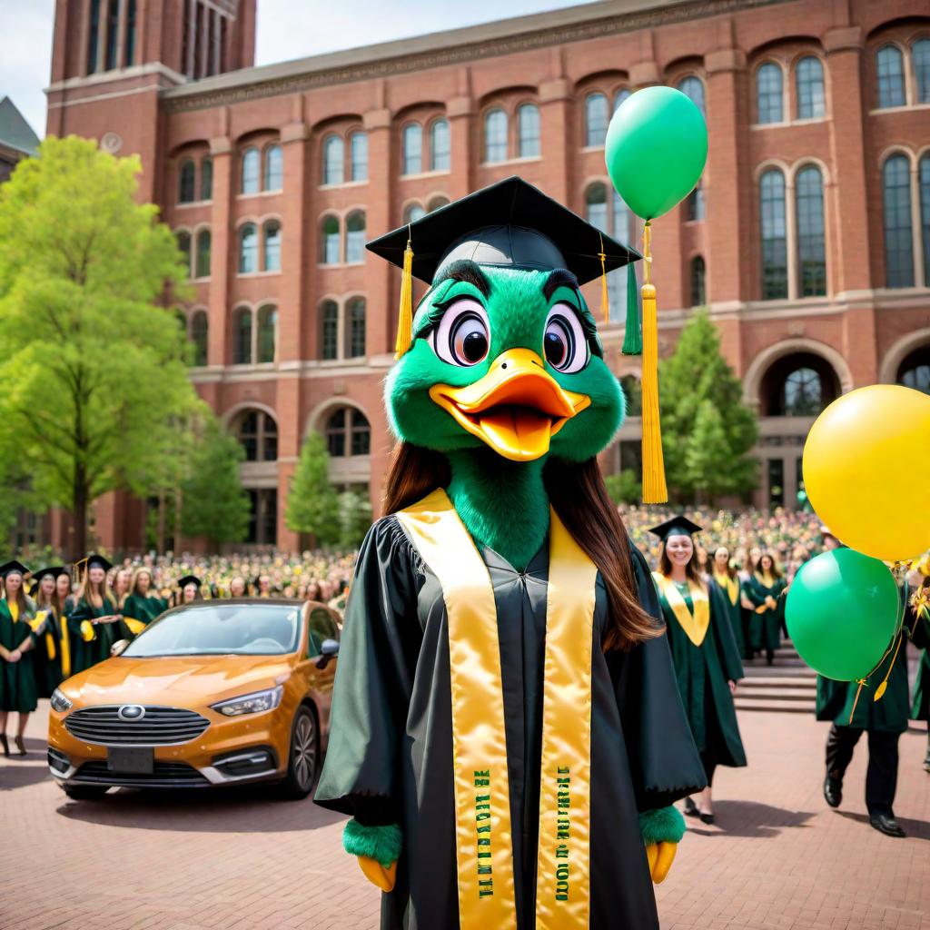  A festive scene featuring a female Oregon Duck mascot in a graduation cap and gown. The setting takes place on the University of Oregon campus, surrounded by proud graduates in caps and gowns. Include iconic university buildings in the background, with colorful balloons, confetti in the air, and a joyous atmosphere. hyperrealistic, full body, detailed clothing, highly detailed, cinematic lighting, stunningly beautiful, intricate, sharp focus, f/1. 8, 85mm, (centered image composition), (professionally color graded), ((bright soft diffused light)), volumetric fog, trending on instagram, trending on tumblr, HDR 4K, 8K