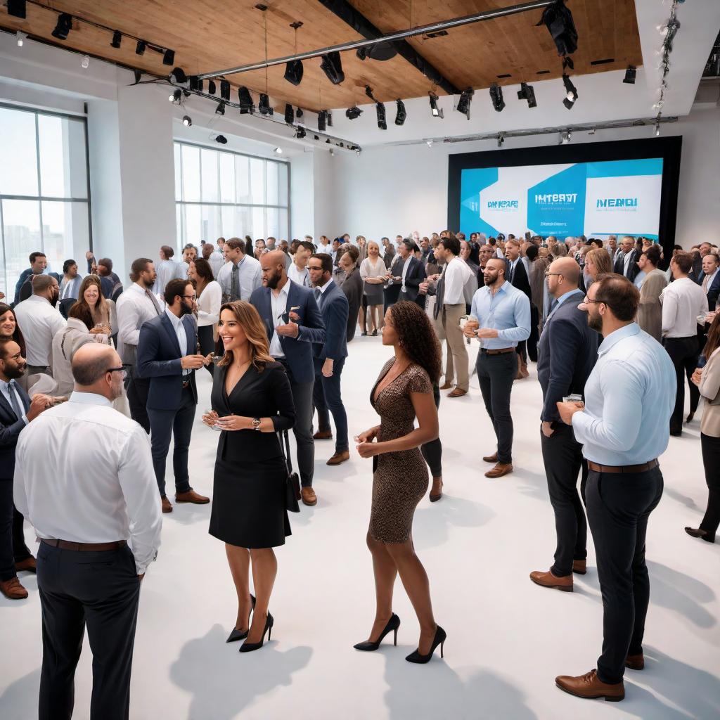  A dynamic and vibrant image showcasing a professional networking event hosted by The Product Place. The scene should include diverse professionals engaging in conversations, exchanging business cards, and attending presentations. The backdrop should feature modern conference setups with banners of The Product Place, emphasizing innovation, networking, and growth. There should be an inviting atmosphere, highlighting the value of membership and participation in events. Include elements like company logos, interactive sessions, and a keynote speaker to capture the essence of a high-value professional gathering. hyperrealistic, full body, detailed clothing, highly detailed, cinematic lighting, stunningly beautiful, intricate, sharp focus, f/1. 8, 85mm, (centered image composition), (professionally color graded), ((bright soft diffused light)), volumetric fog, trending on instagram, trending on tumblr, HDR 4K, 8K