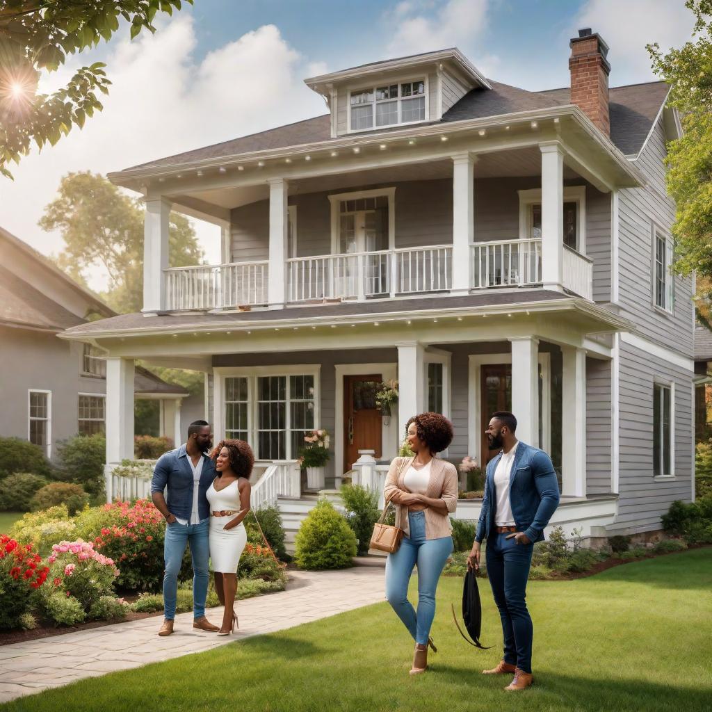  A beautiful, well-maintained home with a landscaped front yard, owned by a happy Black family. The house features a modern design with large windows, a porch, and a neatly mowed lawn with colorful flowers and shrubs. The family, smiling and enjoying their time together, can be seen standing in front of the house. The sun is shining, creating a warm and welcoming atmosphere. hyperrealistic, full body, detailed clothing, highly detailed, cinematic lighting, stunningly beautiful, intricate, sharp focus, f/1. 8, 85mm, (centered image composition), (professionally color graded), ((bright soft diffused light)), volumetric fog, trending on instagram, trending on tumblr, HDR 4K, 8K