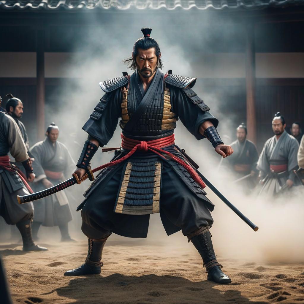  Samurai fights against Dr. House hyperrealistic, full body, detailed clothing, highly detailed, cinematic lighting, stunningly beautiful, intricate, sharp focus, f/1. 8, 85mm, (centered image composition), (professionally color graded), ((bright soft diffused light)), volumetric fog, trending on instagram, trending on tumblr, HDR 4K, 8K