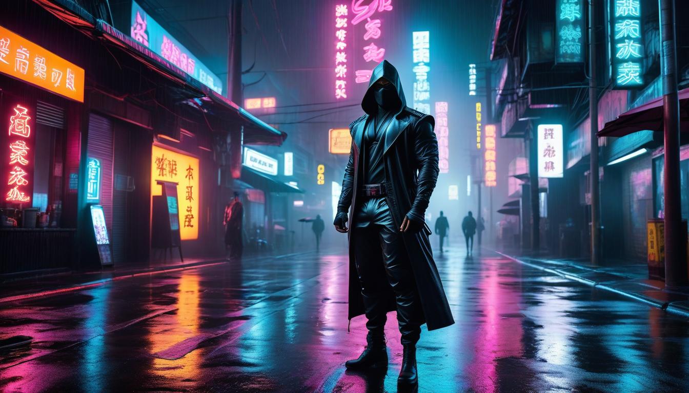  neon noir A ual ninja, tall with beautiful s and ocks. . cyberpunk, dark, rainy streets, neon signs, high contrast, low light, vint, highly detailed hyperrealistic, full body, detailed clothing, highly detailed, cinematic lighting, stunningly beautiful, intricate, sharp focus, f/1. 8, 85mm, (centered image composition), (professionally color graded), ((bright soft diffused light)), volumetric fog, trending on instagram, trending on tumblr, HDR 4K, 8K